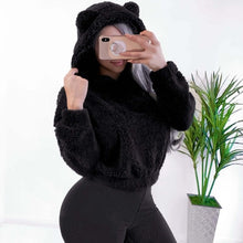 Load image into Gallery viewer, Bear Ears Warm Plush Hoodies Women Autumn Shoulder Crop Top Teddy 2019 Fashion Pullover Kawaii Sweatshirt Harajuku Hooded Hoody