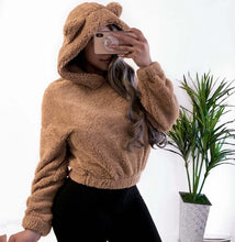 Load image into Gallery viewer, Bear Ears Warm Plush Hoodies Women Autumn Shoulder Crop Top Teddy 2019 Fashion Pullover Kawaii Sweatshirt Harajuku Hooded Hoody
