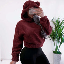 Load image into Gallery viewer, Bear Ears Warm Plush Hoodies Women Autumn Shoulder Crop Top Teddy 2019 Fashion Pullover Kawaii Sweatshirt Harajuku Hooded Hoody