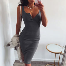 Load image into Gallery viewer, WannaThis Knee-Length Dress Knitted Elastic Sleeveless Bodycon elegant Women 2019 Summer Sexy V-Neck Button Party Slim Dresses