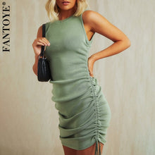 Load image into Gallery viewer, FANTOYE Cotton Ruched Drawstring Sexy Party Dress Women Sleeveless Elastic Mini Dress Vintage Summer Bodycon Club Wear Vestidos