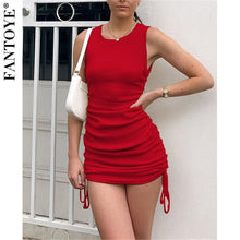 Load image into Gallery viewer, FANTOYE Cotton Ruched Drawstring Sexy Party Dress Women Sleeveless Elastic Mini Dress Vintage Summer Bodycon Club Wear Vestidos