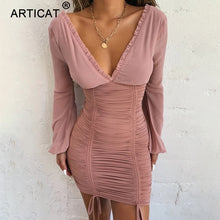 Load image into Gallery viewer, Articat Chiffon Summer Autumn Dress Women 2020 Sexy Long Sleeve Slim Elastic Bodycon Bandage Dress Short Pleated Party Dresses