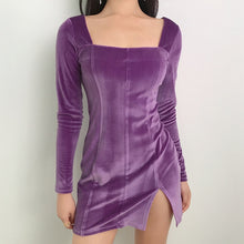 Load image into Gallery viewer, SUCHCUTE velvet women dress bodycon Modis soild Autumn Winter 2020 elegent split Femme Dresses party long sleeve gothic clothes