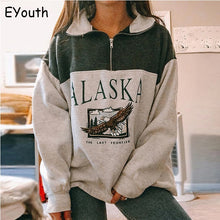 Load image into Gallery viewer, Fashion women's cotton Stand collar half zipper letter printing long sleeve sweatshirts Vintage Grey casual loose sweatshirt