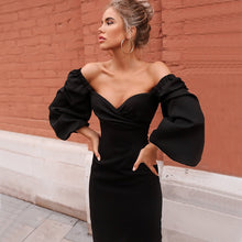 Load image into Gallery viewer, Women Sexy Bodycon Dress Pure V Neck Off Shoulder Lantern Sleeve Dress Party Night Elegant Mid Christmas Dress Mujer Black Dress