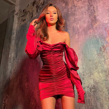 Load image into Gallery viewer, Women Sexy Bodycon Dress Pure V Neck Off Shoulder Lantern Sleeve Dress Party Night Elegant Mid Christmas Dress Mujer Black Dress