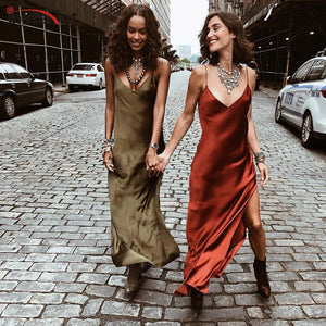 InstaHot Sexy Satin V Neck Maxi Dress Women Spaghetti Strap Sleeveless Backless Side Split Long Dresses 2019 Spring Lady Vestido