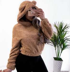 Bear Ears Warm Plush Hoodies Women Autumn Shoulder Crop Top Teddy  2019 Fashion Pullover Kawaii Sweatshirt Harajuku Hooded Hoody