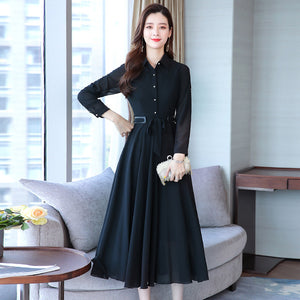 Spring And Autumn New Style Korean-style Slim Fit Slimming Mid-length Women's Dress Long Sleeve Chiffon Dress