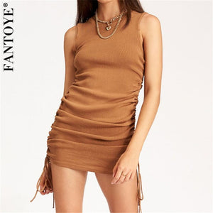 FANTOYE Cotton Ruched Drawstring Sexy Party Dress Women Sleeveless Elastic Mini Dress Vintage Summer Bodycon Club Wear Vestidos