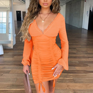 Articat Chiffon Summer Autumn Dress Women 2020 Sexy Long Sleeve Slim Elastic Bodycon Bandage Dress Short Pleated Party Dresses