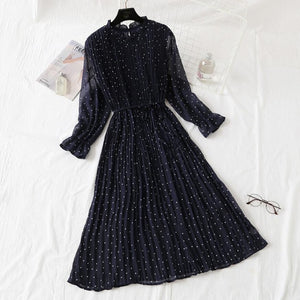 Elegant Polka Dot Women Dress Female Casual Flare Sleeve Office Chiffon Dot Print Dresses A-line Vintage Sweet Clothing Vestidos