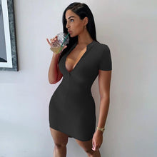 Load image into Gallery viewer, Women Winter Fall Bodycon Ribbed Dress 2020 New Stand Collar Zipper Deep V-neck Solid Stretch Bodycon Pencil Party Mini Vestido
