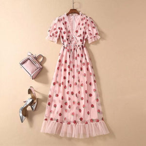 Sexy V-Neck Belt Strawberry Hot stamping Short Sleeve Party Mid-Length Dress Net Yarn Summer New Women'S Clothing