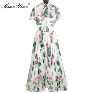 MoaaYina Fashion Designer Runway dress Spring Summer Women Dress Bow collar Rose Floral-Print Elegant Chiffon Dresses