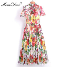 Load image into Gallery viewer, MoaaYina Fashion Designer Runway dress Spring Summer Women Dress Bow collar Rose Floral-Print Elegant Chiffon Dresses
