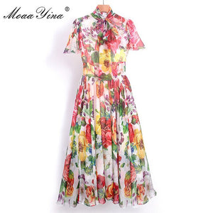 MoaaYina Fashion Designer Runway dress Spring Summer Women Dress Bow collar Rose Floral-Print Elegant Chiffon Dresses