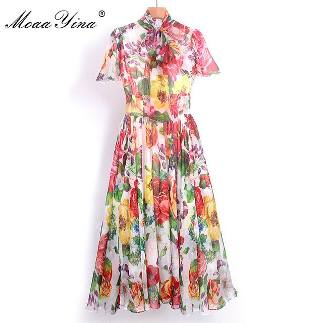 MoaaYina Fashion Designer Runway dress Spring Summer Women Dress Bow collar Rose Floral-Print Elegant Chiffon Dresses