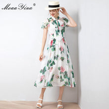 Load image into Gallery viewer, MoaaYina Fashion Designer Runway dress Spring Summer Women Dress Bow collar Rose Floral-Print Elegant Chiffon Dresses
