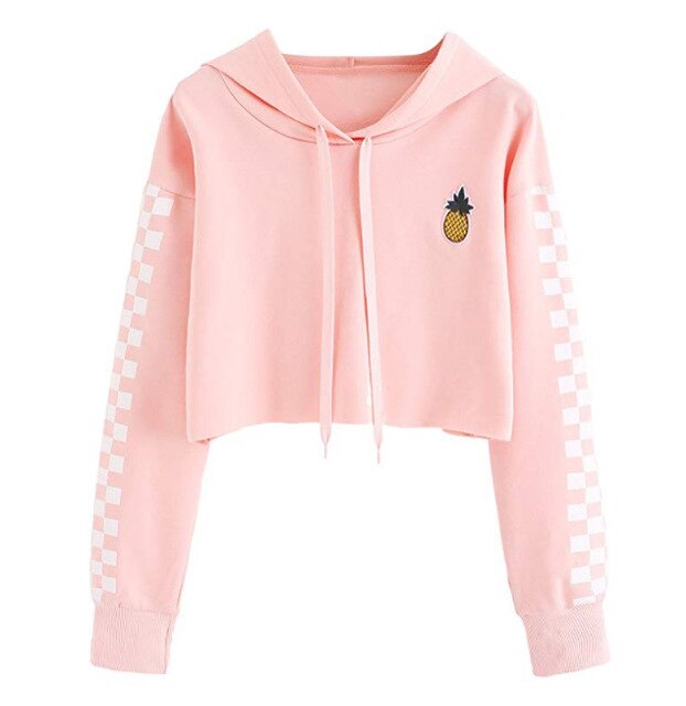 Girls Casual Pineapple Flower Embroidery Gingham Plaid Hoodies With Long Sleeves Women's Hooded Crop Tops Short Sweatshirt