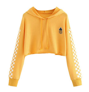 Girls Casual Pineapple Flower Embroidery Gingham Plaid Hoodies With Long Sleeves Women's Hooded Crop Tops Short Sweatshirt