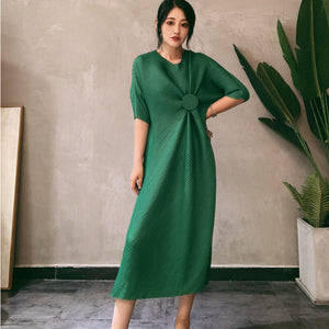 LANMREM 2020 new summer asymmetrical round neck waist high pullover pleated loose size dress girl's vestido large sizes 2A001