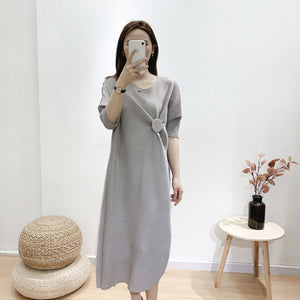 LANMREM 2020 new summer asymmetrical round neck waist high pullover pleated loose size dress girl's vestido large sizes 2A001