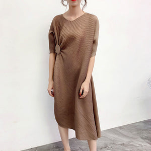 LANMREM 2020 new summer asymmetrical round neck waist high pullover pleated loose size dress girl's vestido large sizes 2A001