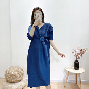 LANMREM 2020 new summer asymmetrical round neck waist high pullover pleated loose size dress girl's vestido large sizes 2A001