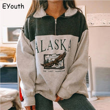 Load image into Gallery viewer, Fashion women&#39;s cotton Stand collar half zipper letter printing long sleeve sweatshirts Vintage Grey casual loose sweatshirt
