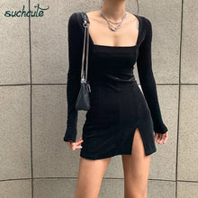 Load image into Gallery viewer, SUCHCUTE velvet women dress bodycon Modis soild Autumn Winter 2020 elegent split Femme Dresses party long sleeve gothic clothes
