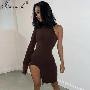 Simenual One Shoulder Long Sleeve Women Bodycon Party Dresses Side Slit Autumn Fashion Sexy Skinny Clubwear Mini Dress Solid Hot