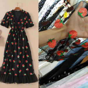 Sexy V-Neck Belt Strawberry Hot stamping Short Sleeve Party Mid-Length Dress Net Yarn Summer New Women'S Clothing