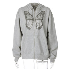 Load image into Gallery viewer, ALLNeon Y2K Fashion Oversized Butterfly Graphic Rhinestone Zip Up Hoodies E-girl 90s Streetwear Diamond Grey Long Jacket Autumn
