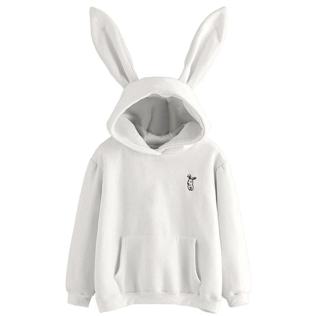 QRWR 2020 Autumn Winter Women Hoodies Kawaii Rabbit Ears Fashion Hoody Casual Solid Color Warm Sweatshirt Hoodies For Women