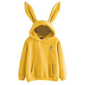 QRWR 2020 Autumn Winter Women Hoodies Kawaii Rabbit Ears Fashion Hoody Casual Solid Color Warm Sweatshirt Hoodies For Women