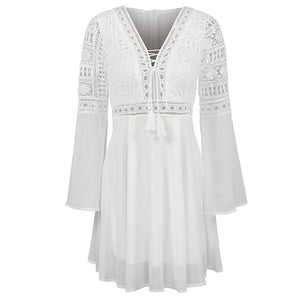 Anself Sexy Women's Dress V-Neck Hollow Out Long Sleeve Mini Chiffon Dress Elegant White Boho Woman Dresses Casual Lace Vestido