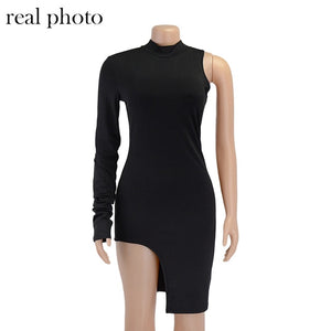 Simenual One Shoulder Long Sleeve Women Bodycon Party Dresses Side Slit Autumn Fashion Sexy Skinny Clubwear Mini Dress Solid Hot