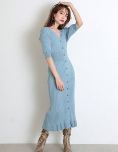 French long slim slim fringed knit short sleeve dress ladies spring and summer 2020 new Joker split tail V-neck dress