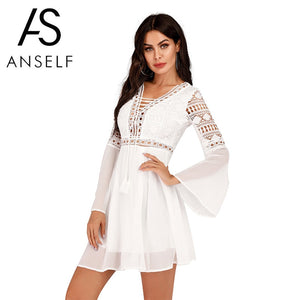 Anself Sexy Women's Dress V-Neck Hollow Out Long Sleeve Mini Chiffon Dress Elegant White Boho Woman Dresses Casual Lace Vestido