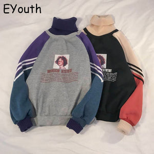 2020 Hoodie Sweatshirt Women Winter Oversize Tops Fashion Pattern Printed Sweatshirt Autumn Turtleneck Outerwear Warm Pullover