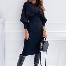 Load image into Gallery viewer, Women Sexy Bodycon Dress Pure V Neck Off Shoulder Lantern Sleeve Dress Party Night Elegant Mid Christmas Dress Mujer Black Dress
