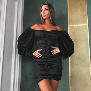 Women Sexy Bodycon Dress Pure V Neck Off Shoulder Lantern Sleeve Dress Party Night Elegant Mid Christmas Dress Mujer Black Dress