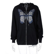 Load image into Gallery viewer, ALLNeon Y2K Fashion Oversized Butterfly Graphic Rhinestone Zip Up Hoodies E-girl 90s Streetwear Diamond Grey Long Jacket Autumn
