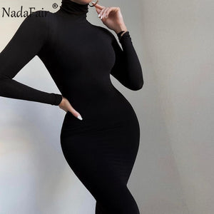 Nadafair Sexy Women Dress Long Sleeve Turtleneck Autumn Winter Solid Casual Basic Black White Bodycon Slim Maxi Dress For Women