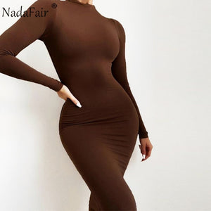 Nadafair Sexy Women Dress Long Sleeve Turtleneck Autumn Winter Solid Casual Basic Black White Bodycon Slim Maxi Dress For Women