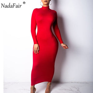 Nadafair Sexy Women Dress Long Sleeve Turtleneck Autumn Winter Solid Casual Basic Black White Bodycon Slim Maxi Dress For Women